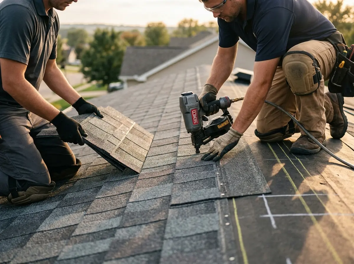 Professional roofer working on a residential roof in Holbrook